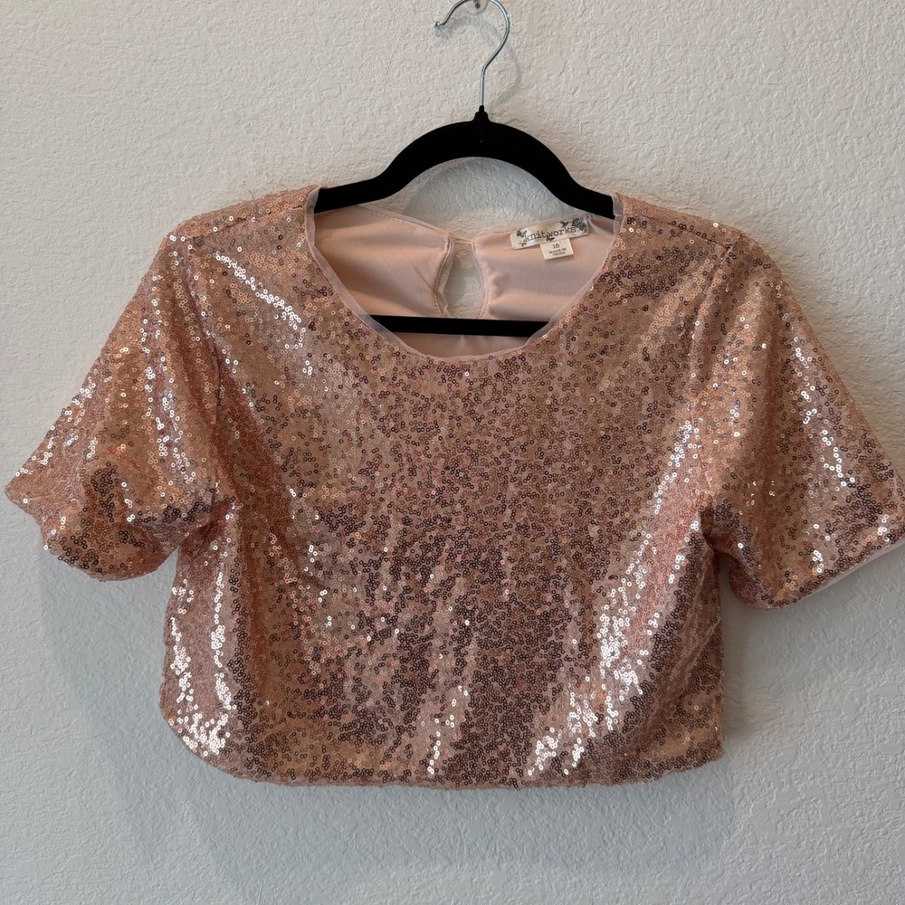 Knitworks Girls Rose Gold Sequin Crop Top Short Sleeve Special Occasion Blouse